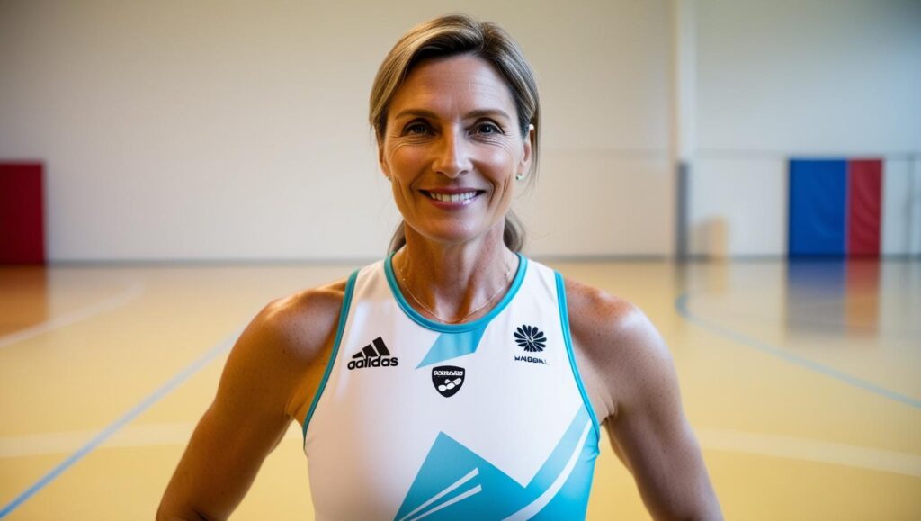 Foto Platzhalter für Handball Website frau Ende 30 kopf bis brust zu sehen sportliches outfit in halle