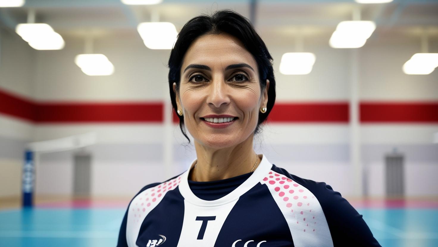 Foto Platzhalter für Handball Website frau Ende 30 kopf bis brust zu sehen sportliches outfit in halle(1)